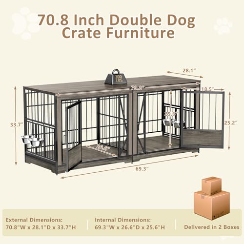 Brown Extra Large Double Dog Crate Furniture with Adjustable Divider G1688