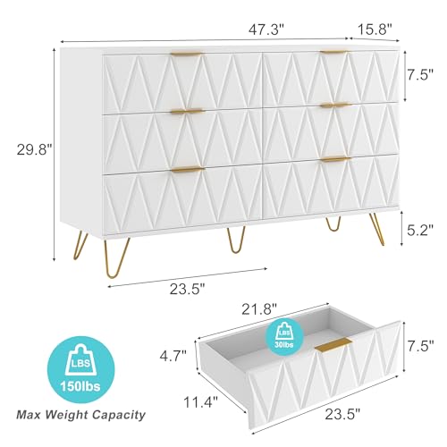 White 6 Drawer Wood Dresser with Gold Handles U1417