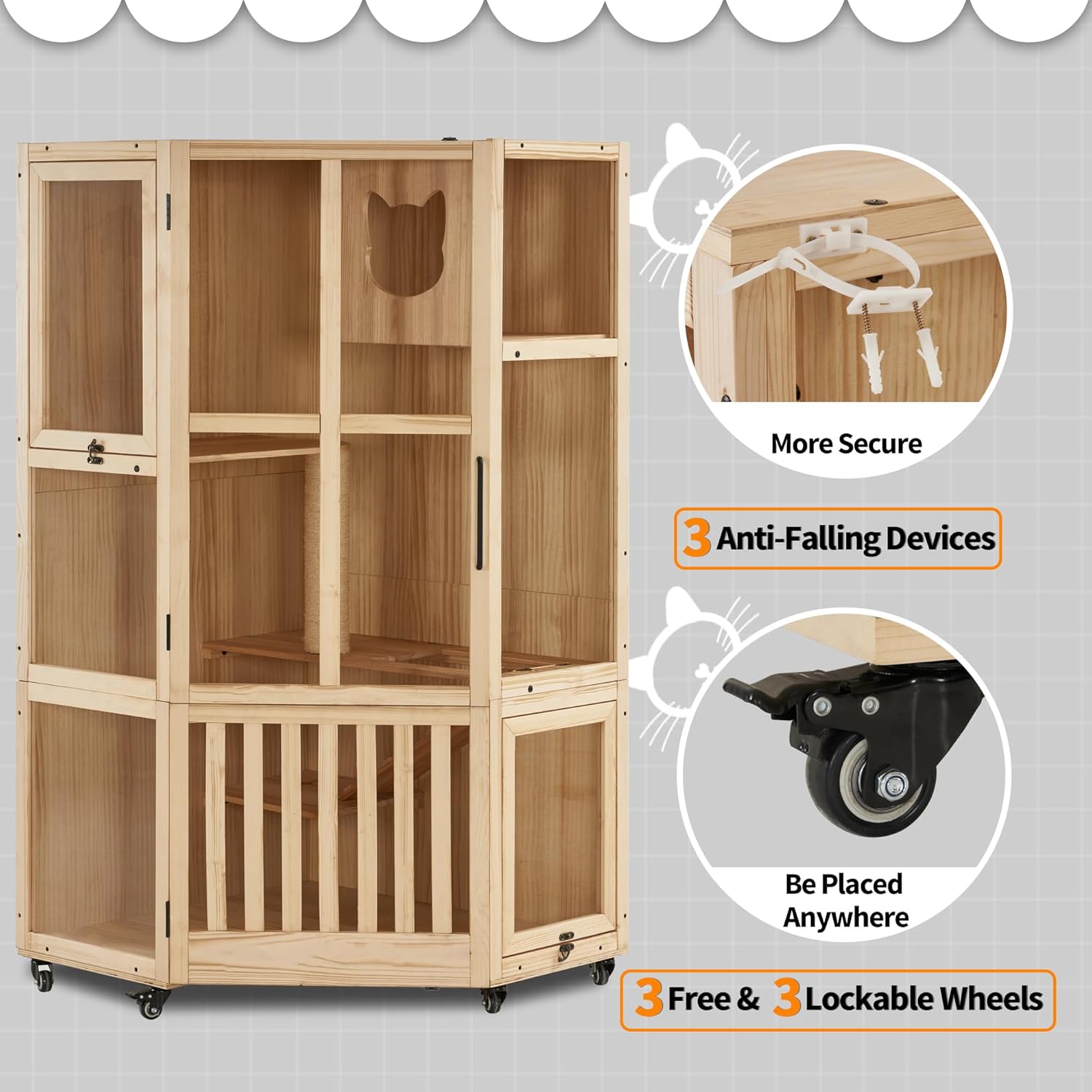 Large Wooden Corner Cat House with Scratching Post and Wheels T72024