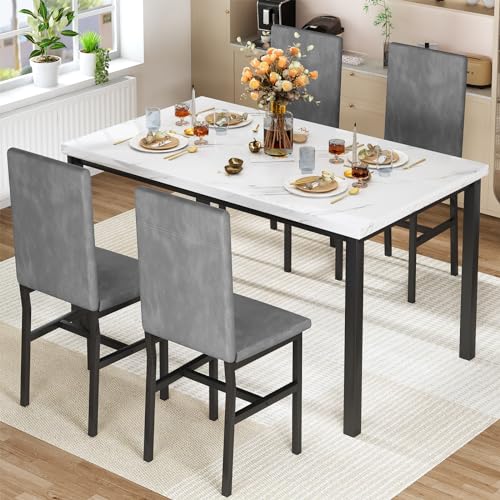 Dining Table Set for 4 with Faux Marble Tabletop and 4 PU Leather Chairs I915