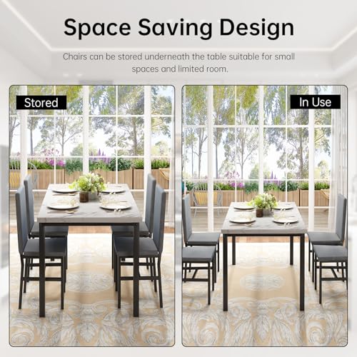 Dining Table Set for 4 with Faux Marble Tabletop and 4 PU Leather Chairs I915