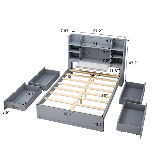 White Queen Size Murphy Bed with Shelves and Drawers X249