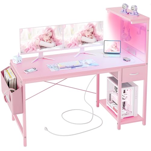 Carbon Fiber Black 47 inch Gaming Desk with Power Outlet and LED Light and Storage Drawer J8106