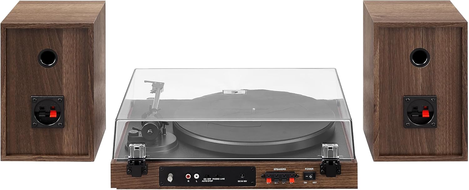 Walnut 2-Speed Belt-Drive Bluetooth Turntable with Speakers B652717