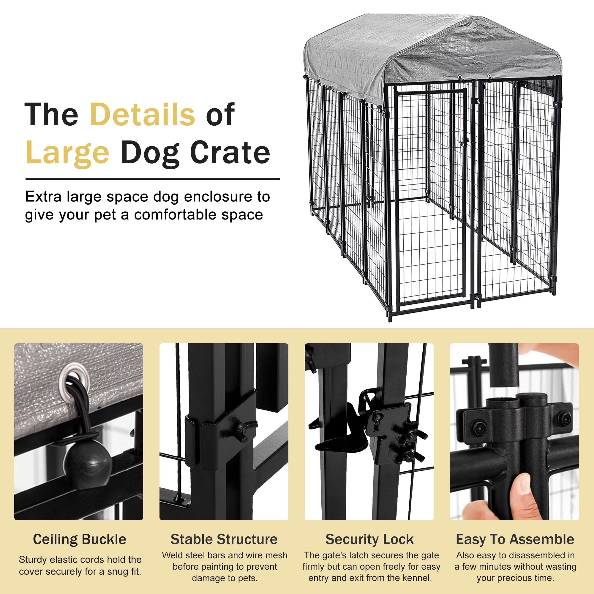 Heavy Duty Large Dog Kennel with UV Protection Waterproof Cover and Roof Metal Welded Dog Crate J55055