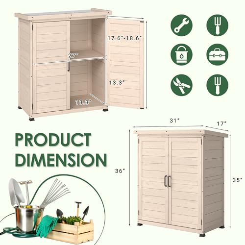 Beige Outdoor Storage Cabinet with Waterproof Metal Tabletop and Removable Shelves J677968