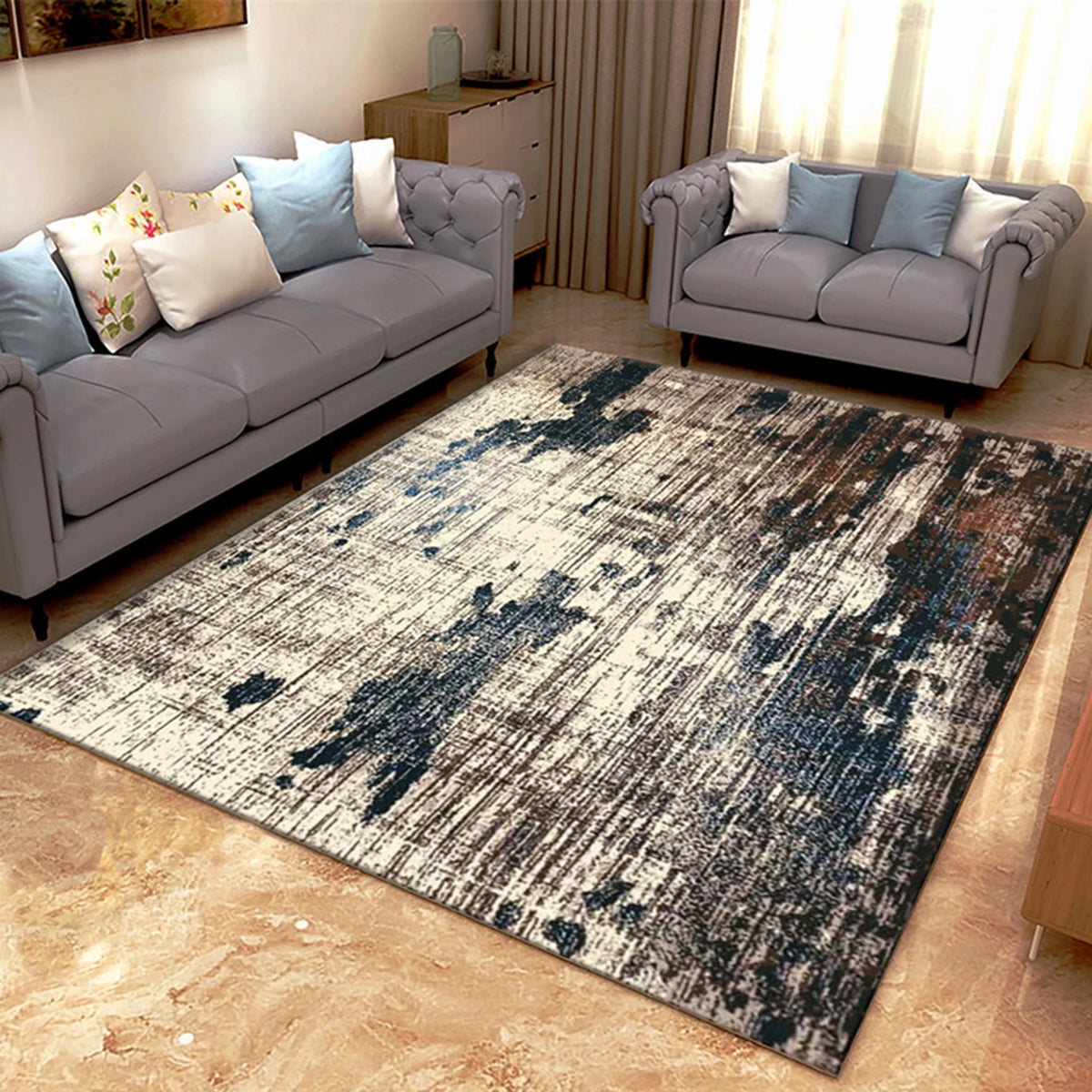 Modern Abstract Cream Blue Area Rug F656380