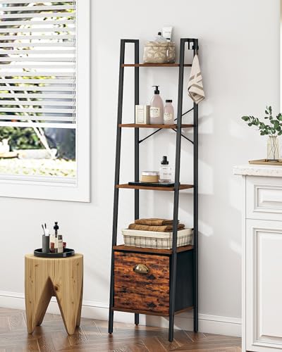 4 Tier Rustic Brown Narrow Bookshelf with Drawer D819910