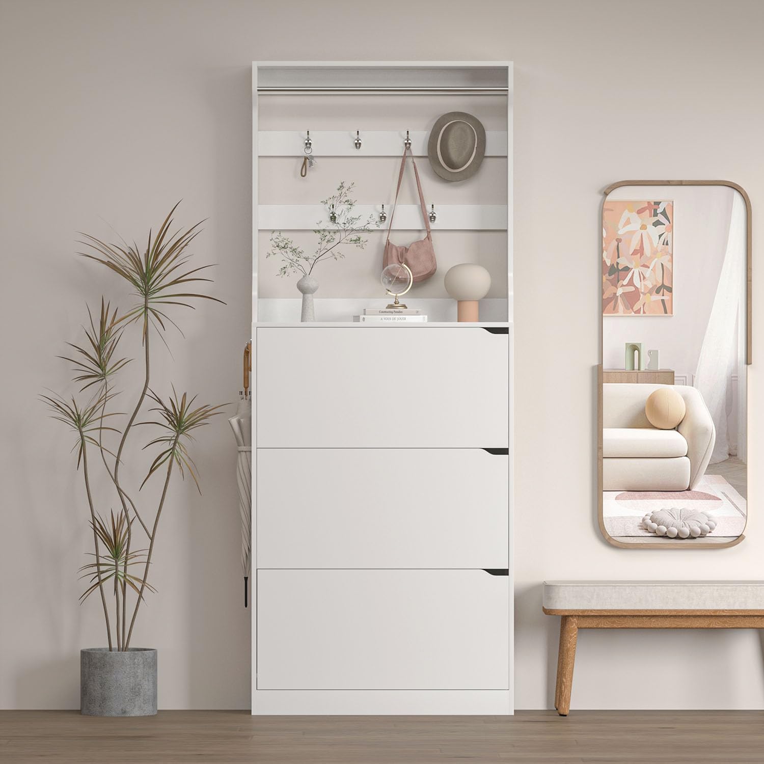 White 3 Flip Drawer Tall Wood Shoe Cabinet with Coat Rack Q80409