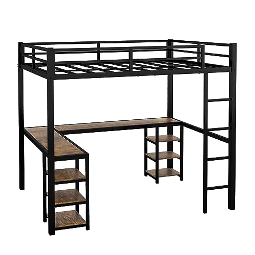 Full Size Metal Loft Bed with Desk and Storage Shelves P159729