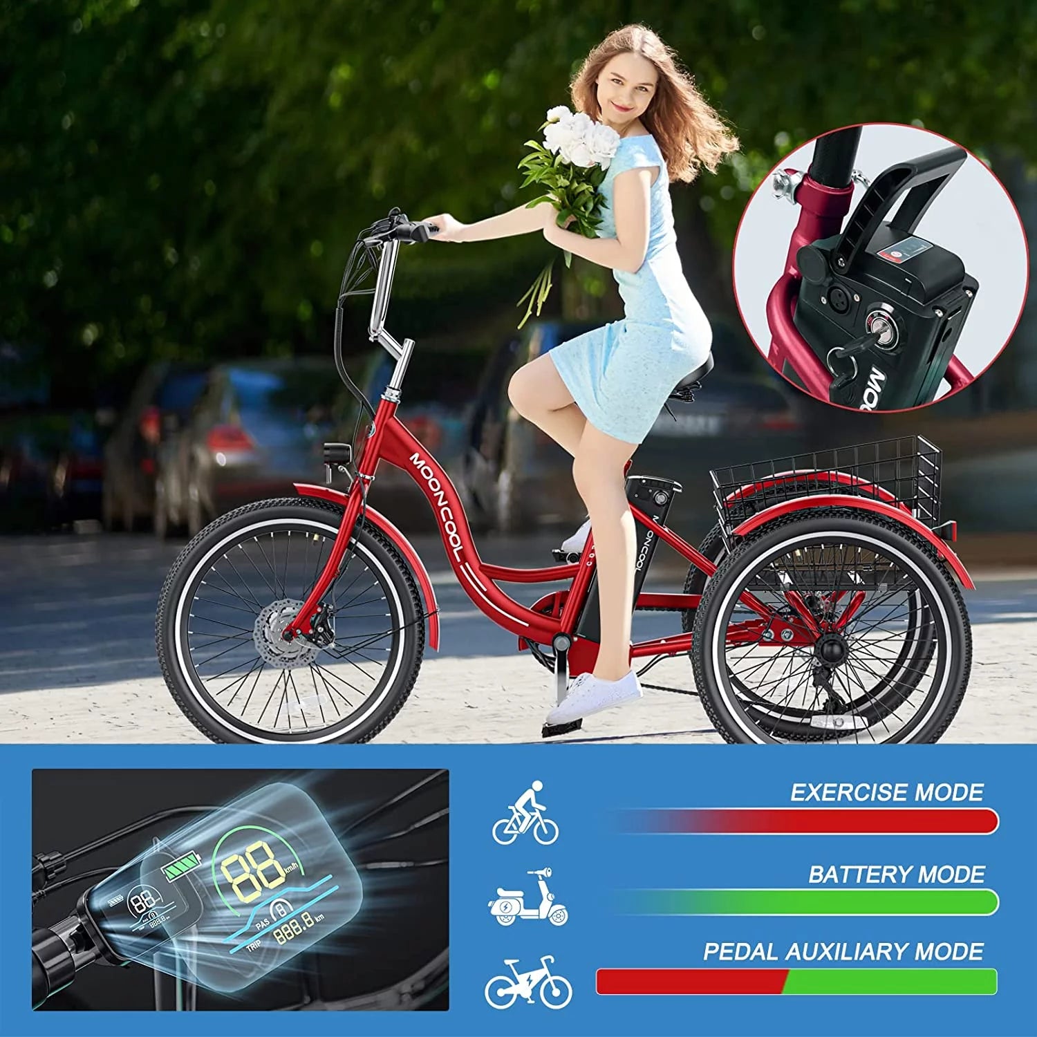 24" 350W 7-Speed Electric Tricycle with Removable Lithium Battery 36V 14.5AH L1410