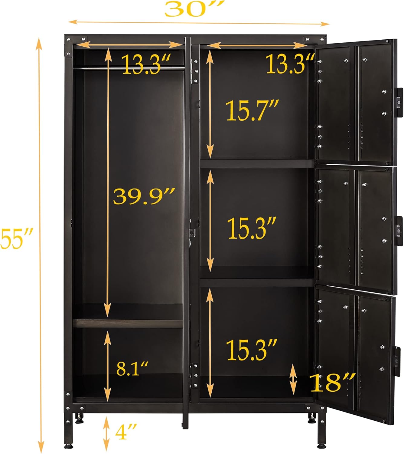 Metal Locker Storage Cabinet, 55" Steel Retro Wardrobe, 4 Doors Lockable R955