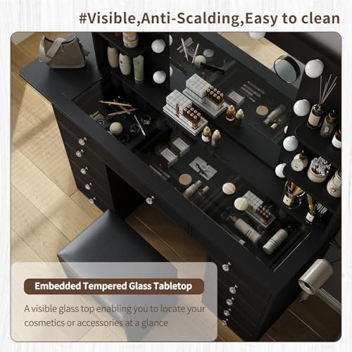 Black Vanity Desk with Lighted Mirror and Chair P75026