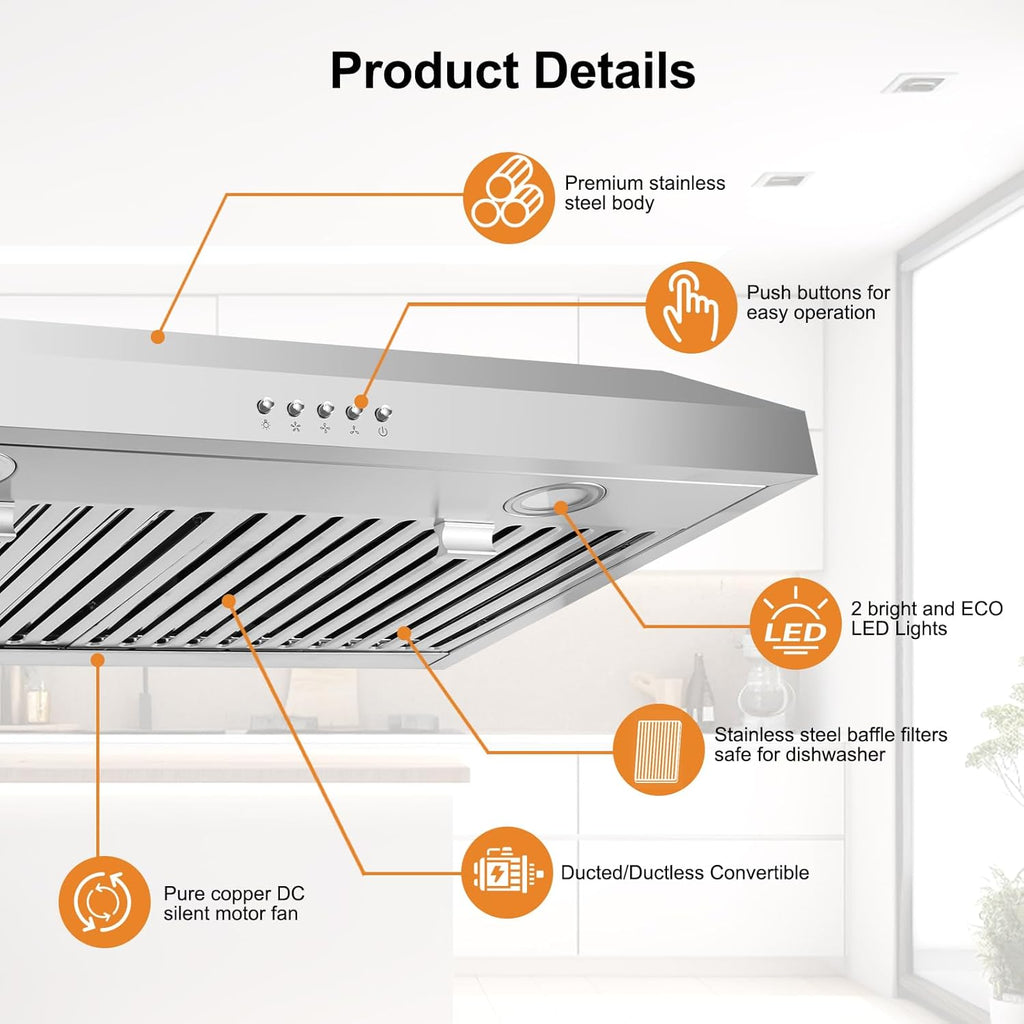 30 Inch Stainless Steel Under Cabinet Range Hood with Baffle Filters and 2 LED Lights Z11234
