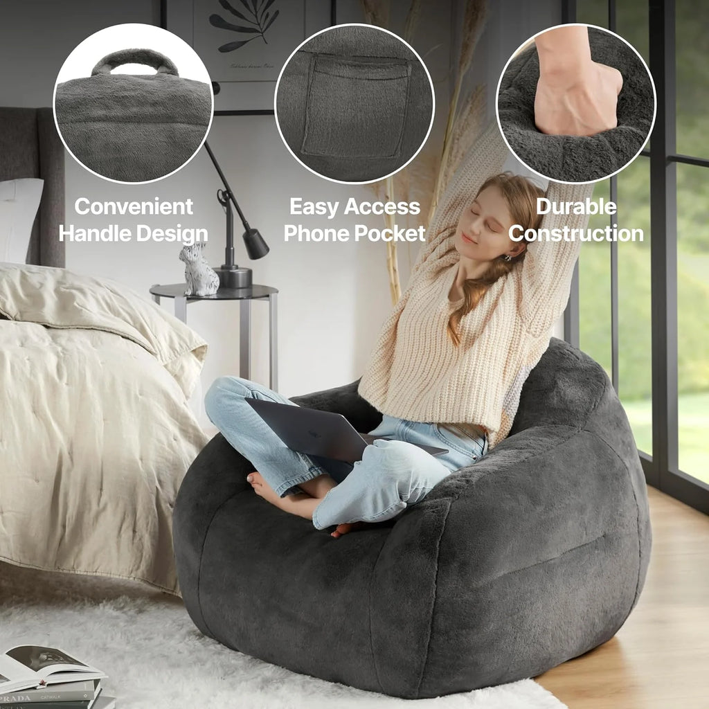Grey Faux Fur Bean Bag Chair with Memory Foam Filler Q86125
