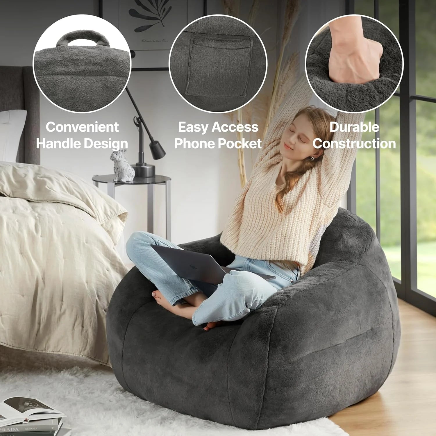 Grey Faux Fur Bean Bag Chair with Memory Foam Filler Q86125