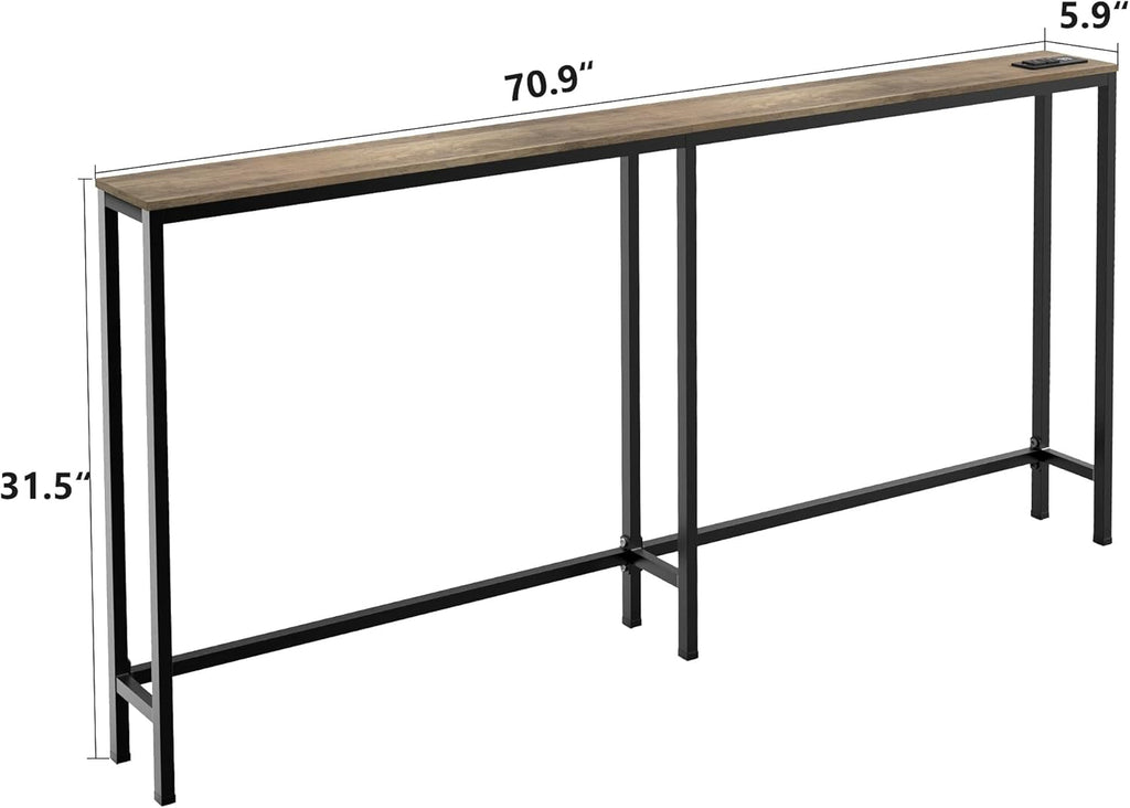 70.9 Inch Console Table with Power Outlet, Narrow Sofa Table with Charging Station E63790
