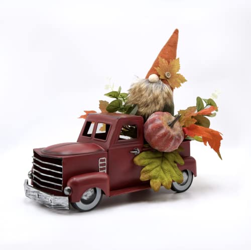 Vintage Turquoise Metal Truck with Gnomes Pumpkin Maple Leaf Farmhouse Table Top Fall Decor, 12 inch Q256
