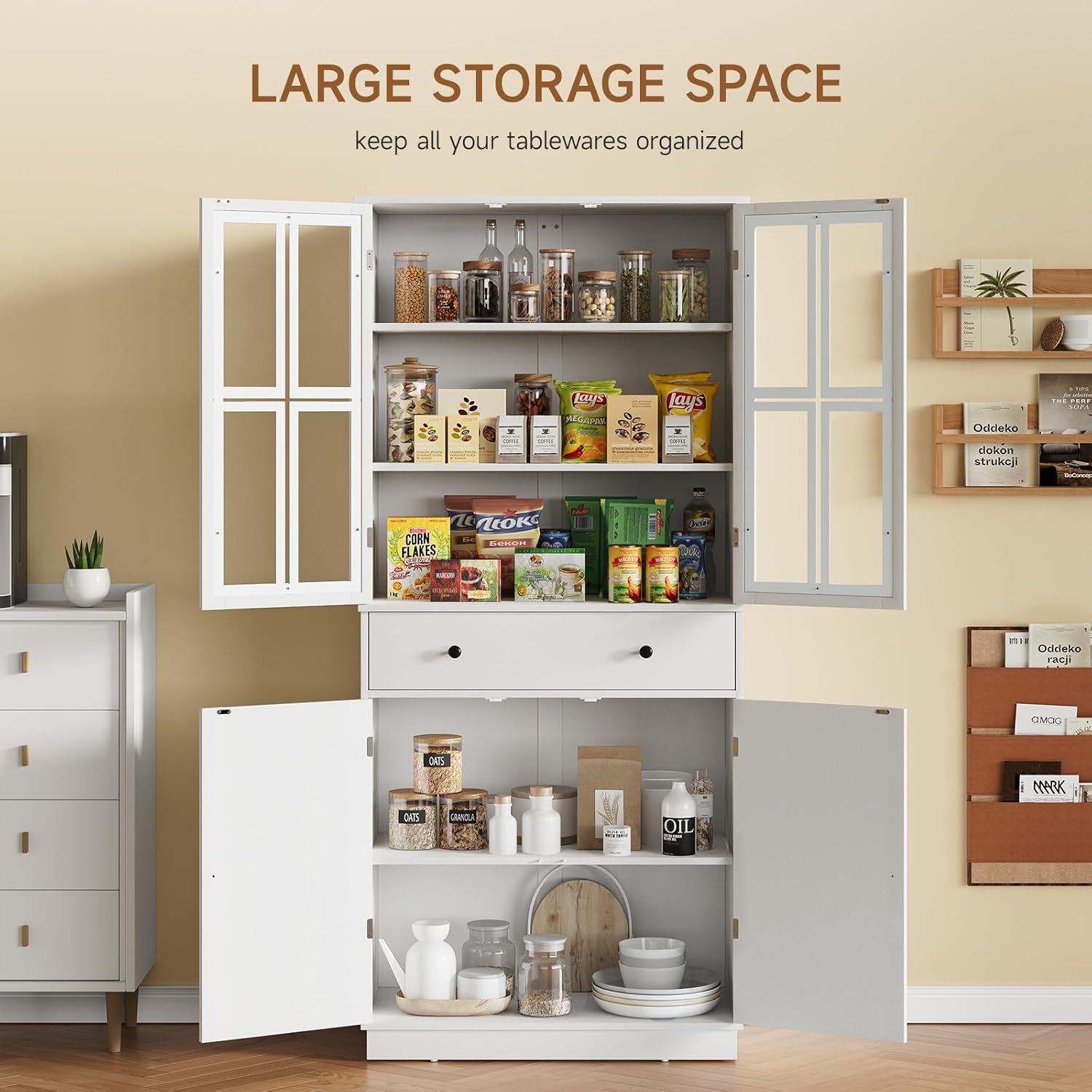 White Tall Pantry Cabinet with Glass Doors and 3 Adjustable Shelves C6771