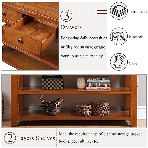Brown Wood Entryway Console Table with Drawers and Storage Shelves O84663