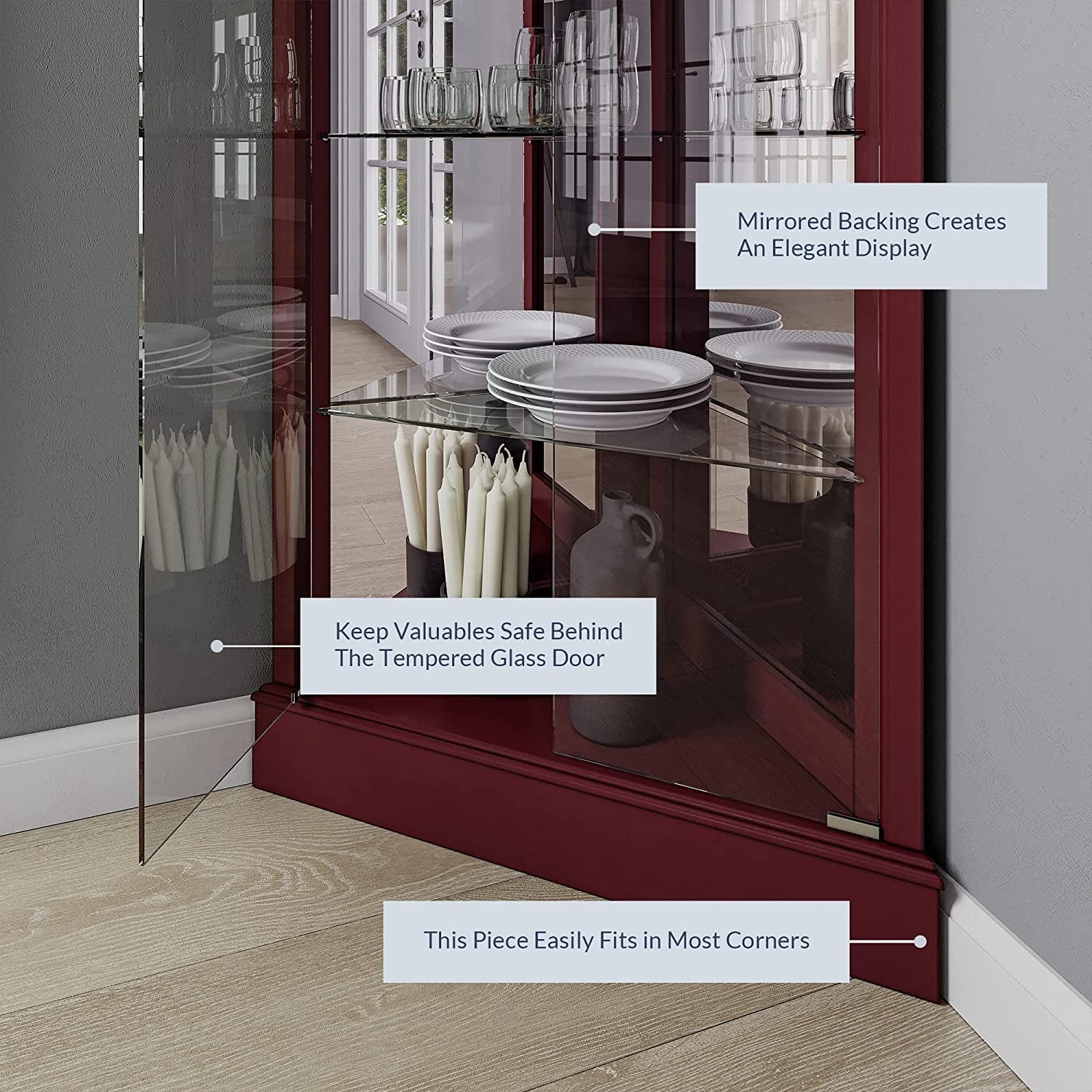Lighted Corner Curio Cabinet with Tempered Glass Door, 6 Shelves H22986