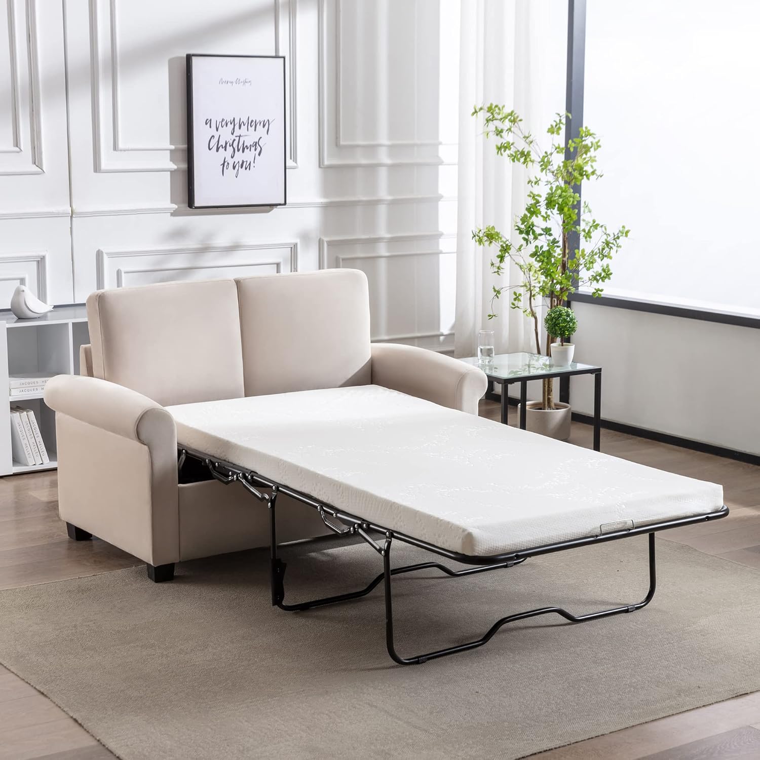 Beige White Pull Out Sofa Bed with Twin Size Mattress Pad W915