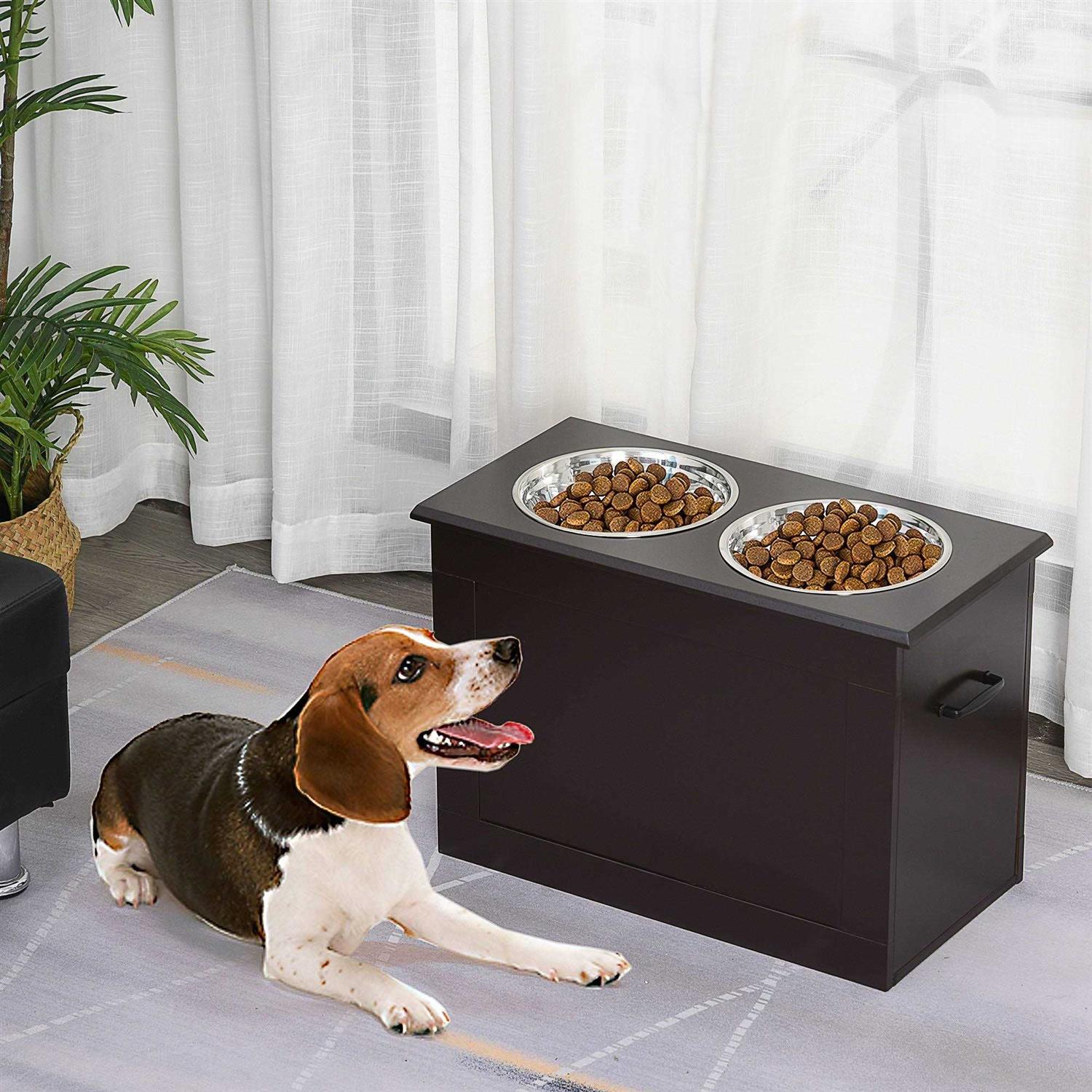 Raised Pet Feeding Storage Station with 2 Stainless Steel Bowls Z449