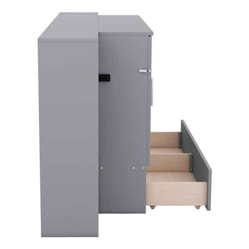 White Solid Wood Murphy Bed with Bookcase and Drawers S8446