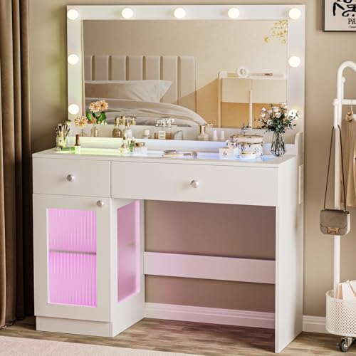 White 39.4'' Glass Top Makeup Vanity with Large Mirror and Lights J64853