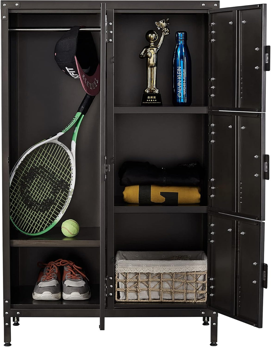 Metal Locker Storage Cabinet, 55" Steel Retro Wardrobe, 4 Doors Lockable R955