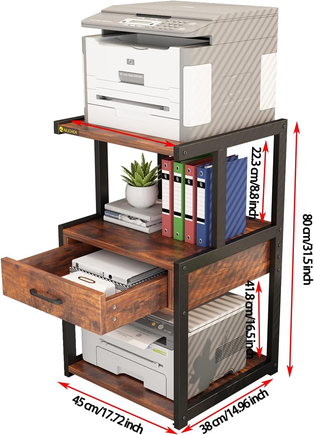 3-Tier Printer Stand with Drawers Record Player Stand End Table Storage Cabinet Printer Rack with Wheels Rolling Filing Cabinet Printer Cart U57831