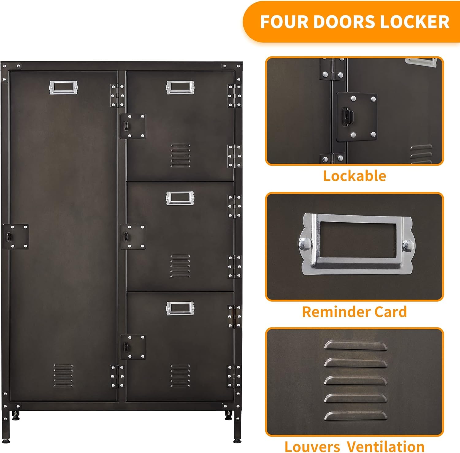 Metal Locker Storage Cabinet, 55" Steel Retro Wardrobe, 4 Doors Lockable R955