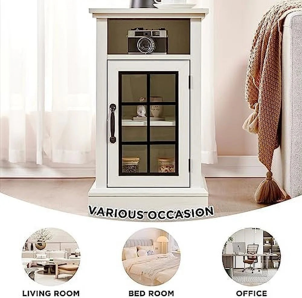 Distressed White End Table with Glass Door A793
