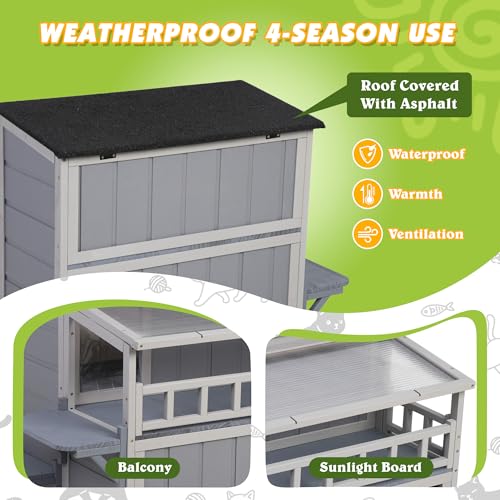 2-Tier Warm Wood Cat Shelter with Sunlight Roof M426555