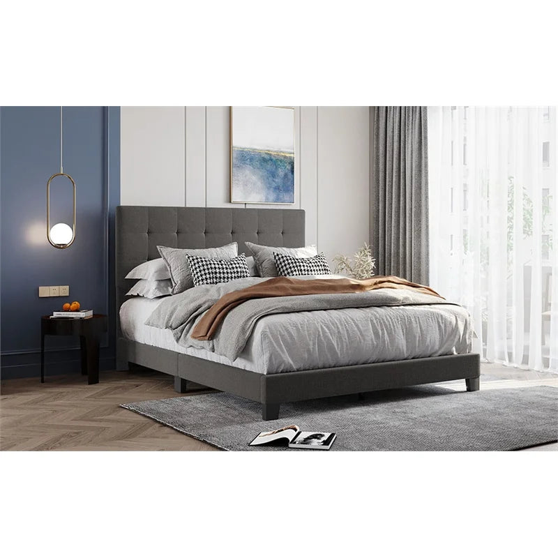 Gray Linen Fabric Queen Upholstered Platform Bed with Tufted Headboard C3963