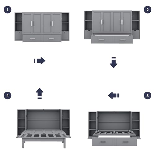 White Solid Wood Murphy Bed with Bookcase and Drawers S8446
