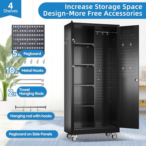 Black 72" H Locking Metal Storage Cabinet with Wheels and Pegboard U772547