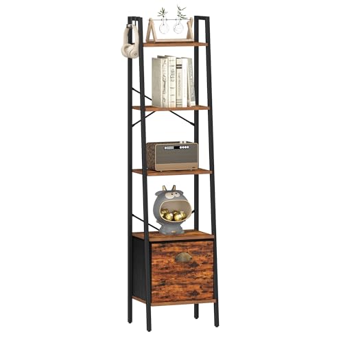 4 Tier Rustic Brown Narrow Bookshelf with Drawer D819910