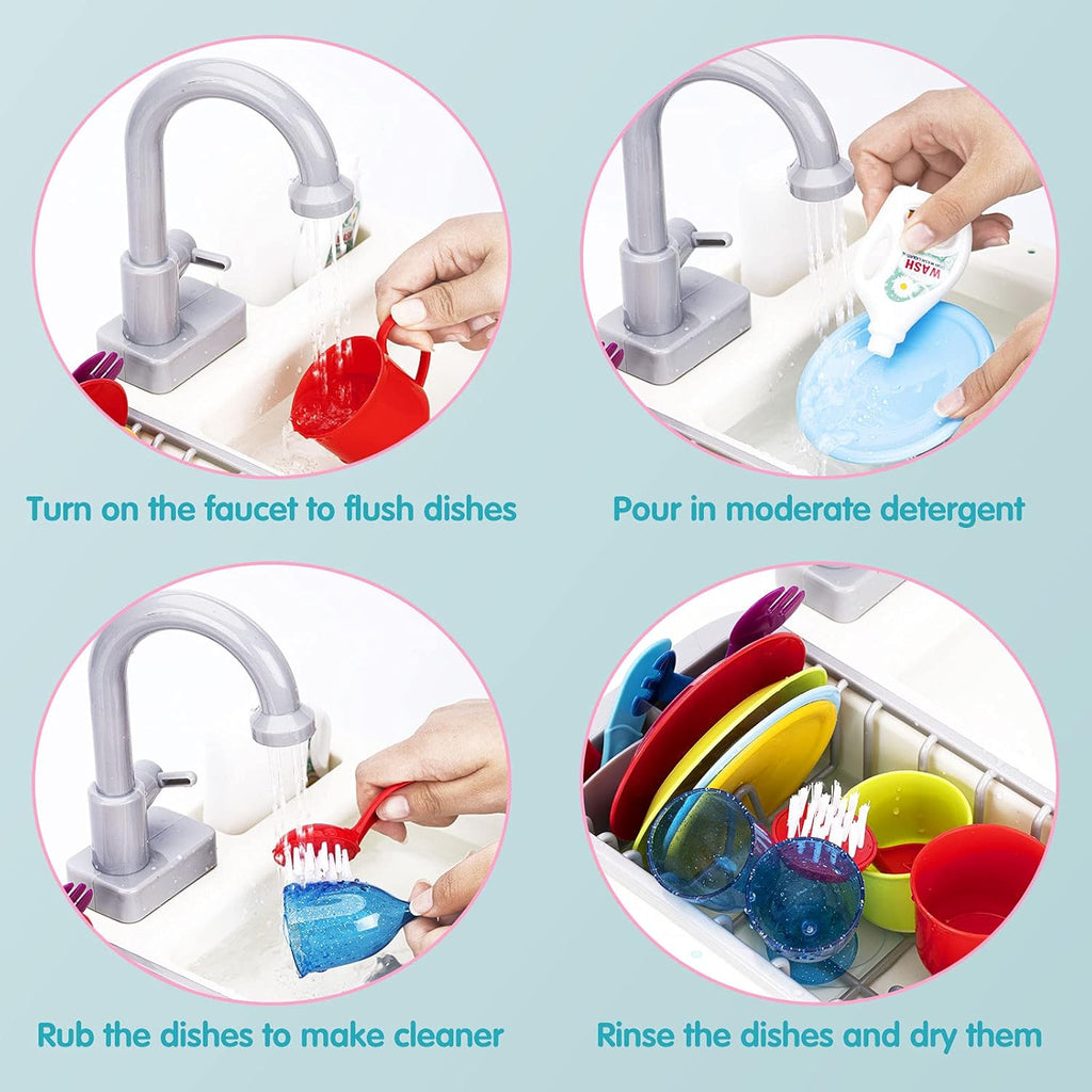 20 PCS Baby Bath Play Sink Toys, Electric Dishwasher Play Kitchen Set with Running Water H7625