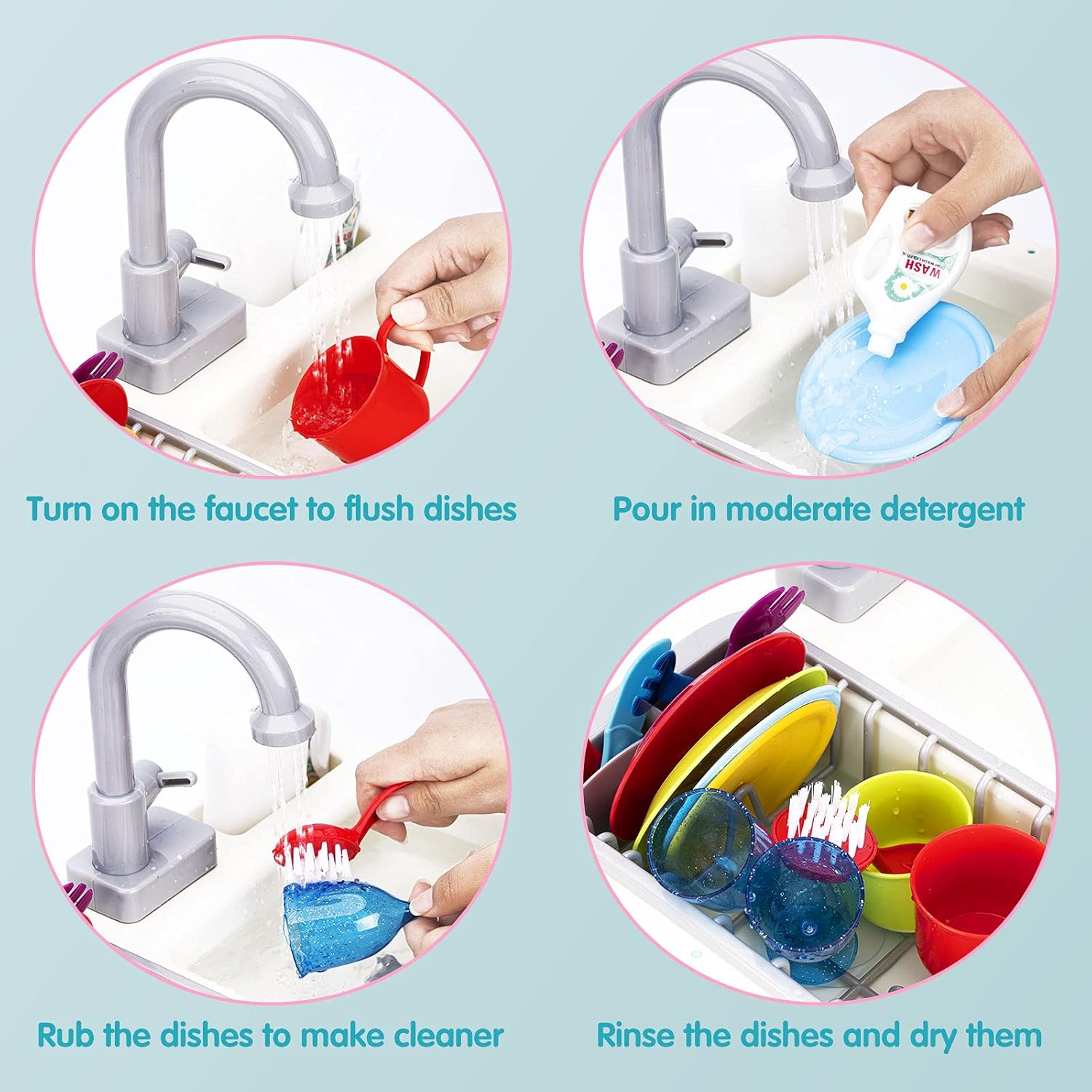 20 PCS Baby Bath Play Sink Toys, Electric Dishwasher Play Kitchen Set with Running Water H7625