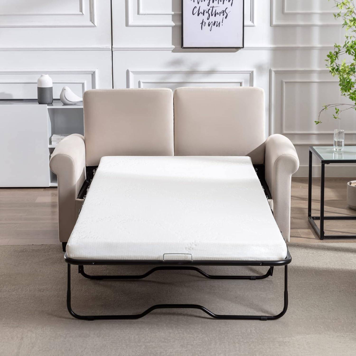 Beige White Pull Out Sofa Bed with Twin Size Mattress Pad W915