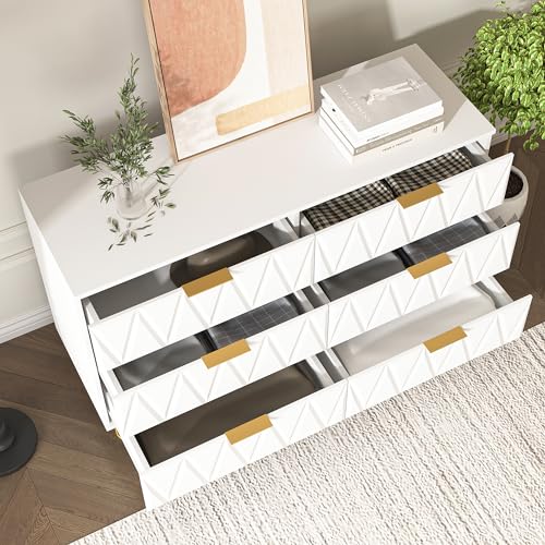 White 6 Drawer Wood Dresser with Gold Handles U1417