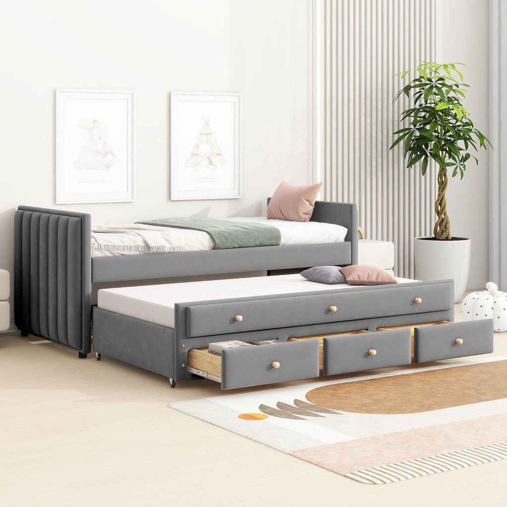 Twin Size Velvet Upholstered Daybed with Trundle and 3 Storage Drawers, Wooden Sofa Bed Frame (Gray) K870