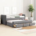 Twin Size Velvet Upholstered Daybed with Trundle and 3 Storage Drawers, Wooden Sofa Bed Frame (Gray) K870
