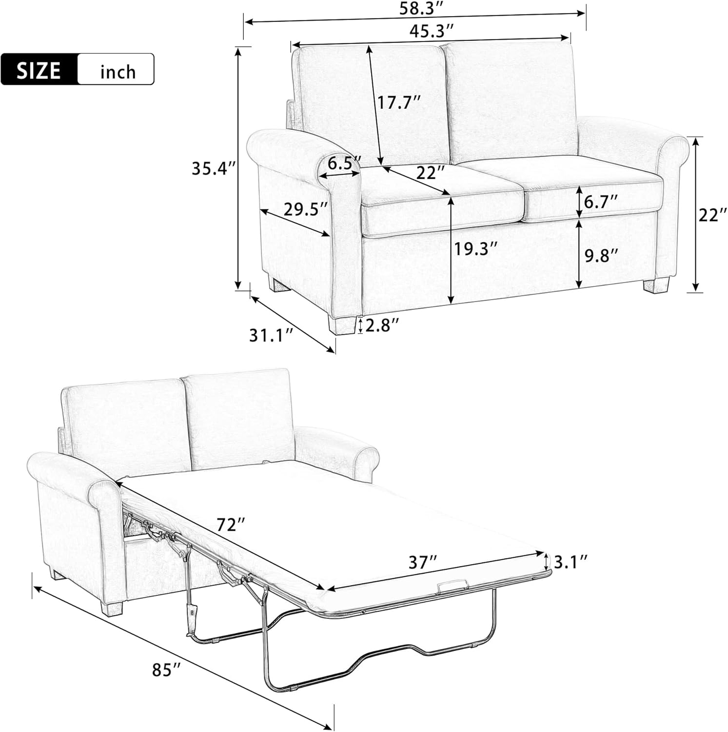 Beige White Pull Out Sofa Bed with Twin Size Mattress Pad W915