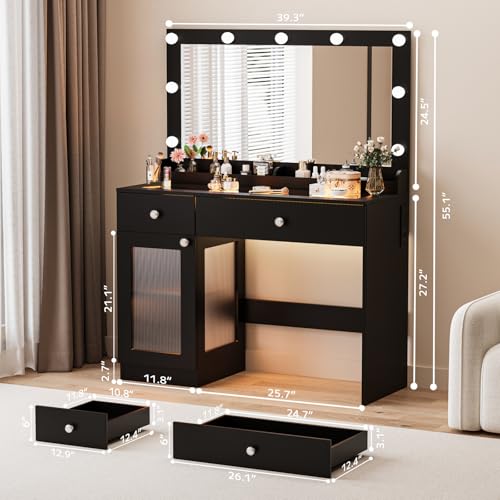 White 39.4'' Glass Top Makeup Vanity with Large Mirror and Lights J64853