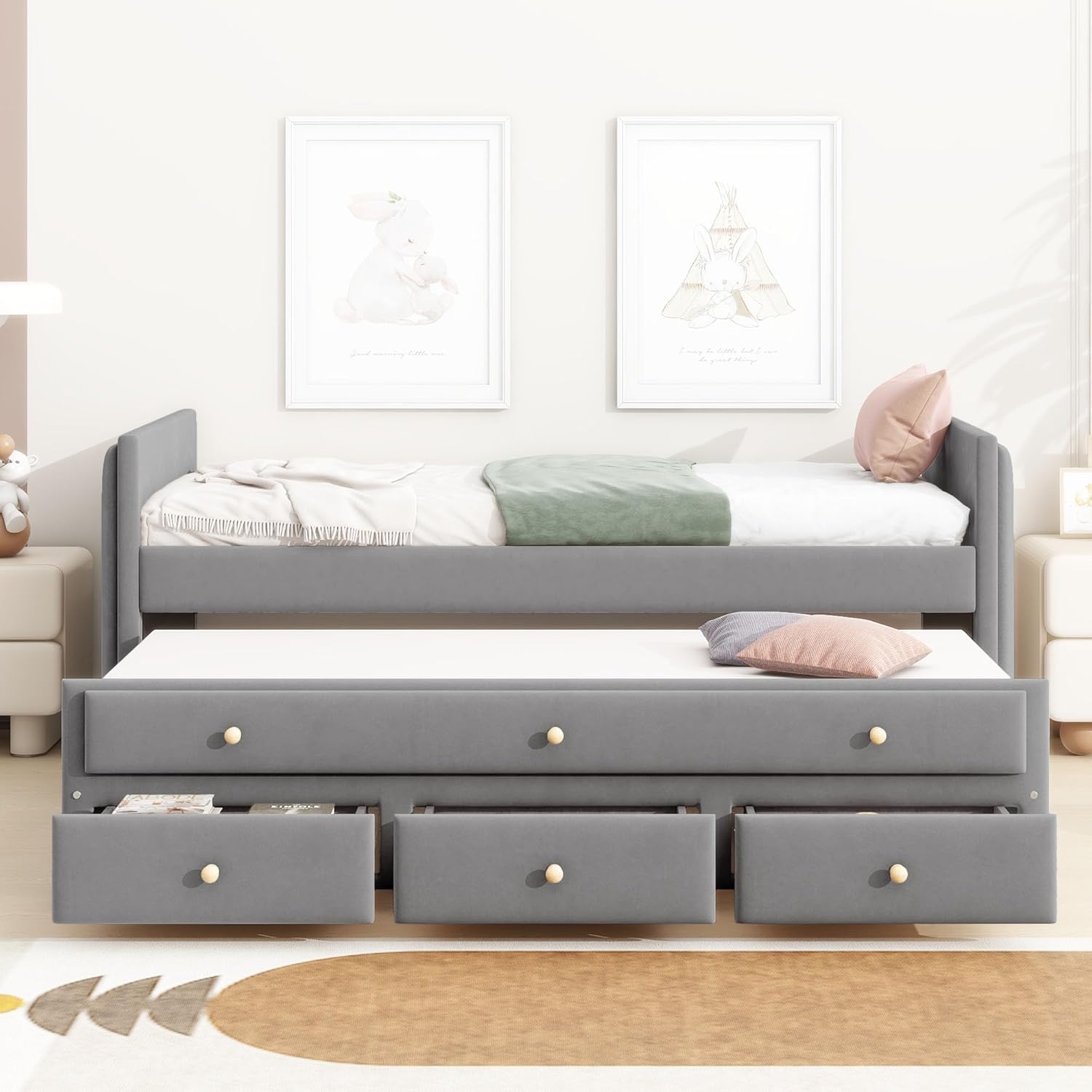 Twin Size Velvet Upholstered Daybed with Trundle and 3 Storage Drawers, Wooden Sofa Bed Frame (Gray) K870