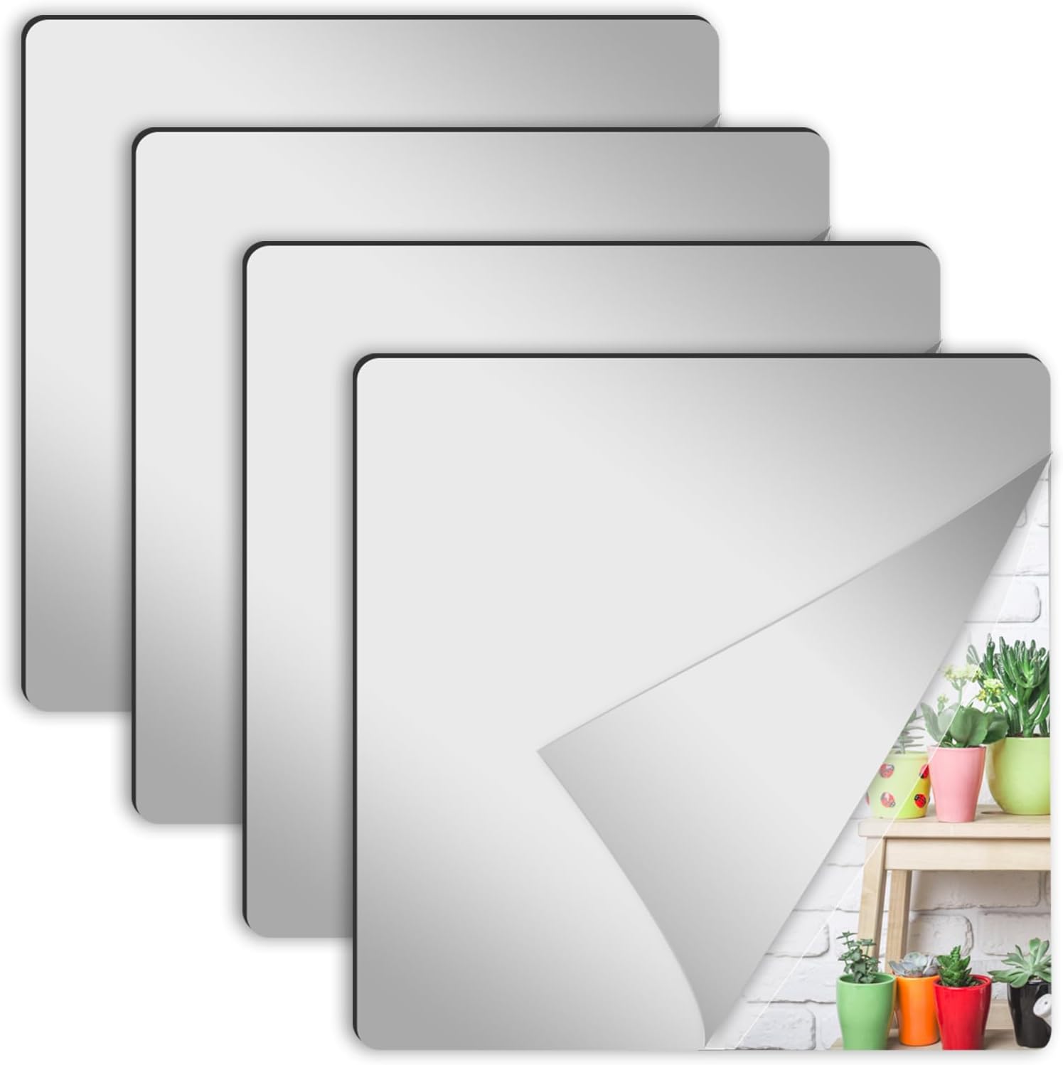 4 Pcs Self Adhesive Acrylic Square Mirror Tiles D892683
