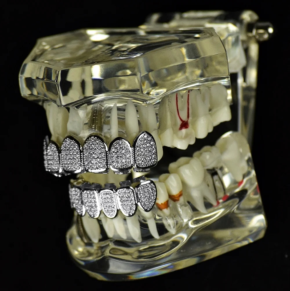 Silver Tone Micropave Gems Teeth Grills J7351