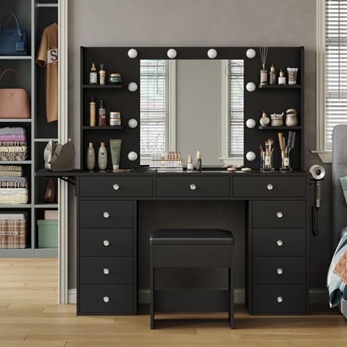 Black Vanity Desk with Lighted Mirror and Chair P75026